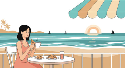 A peaceful morning by the beach: Woman enjoying breakfast with ocean views and sailboats a serene