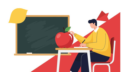 A student learning in the classroom with an apple and chalkboard illustration