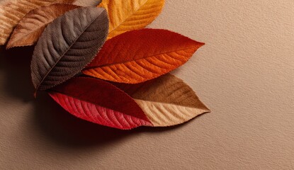 Colorful autumn leaves arranged in a circular pattern on a neutral backdrop, showcasing vibrant fall hues and intricate leaf details.