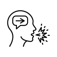 Outline of a human head with a speech bubble containing an arrow representing communication