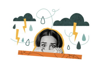 Collage image picture of frightened worried woman heavy storm weather isolated on painted background