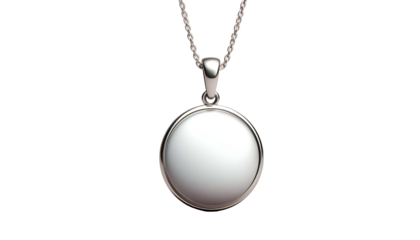 Shiny silver pendant with a white, circular, glossy gemstone on a chain