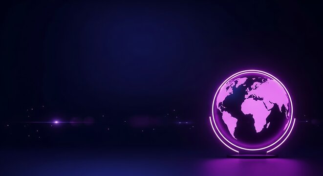 Stunning neon globe with glowing purple light illuminating world continents, perfect for technology, globalization, and modern business concepts