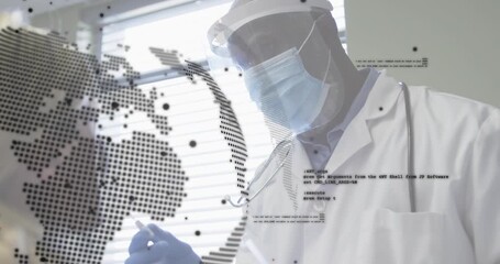 Doctor putting on gloves and swabbing nostril with dotted globe code overlay for health testing - Powered by Adobe