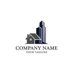 Fototapeta premium A logo featuring a house and two tall buildings, symbolizing real estate or property development.