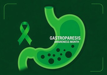 Gastroparesis awareness month with green ribbon and stomach illustration