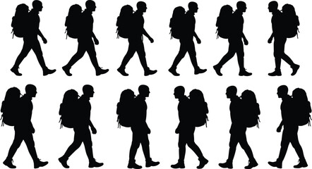 Black silhouette hikers walking in pairs with backpacks — vector set ideal for travel, adventure, trekking, tourism, outdoor lifestyle, and hiking design projects