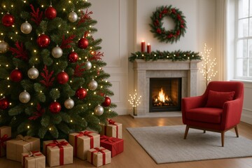 Cozy living room decorated for christmas with tree, presents, fireplace, candles and red chair for a warm festive xmas holiday atmosphere scene. Ai generative
