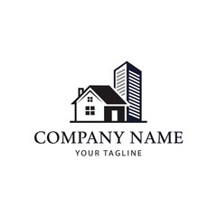 A black and white logo featuring a house next to a modern skyscraper, with placeholder text 'COMPANY NAME' and 'YOUR TAGLINE' below, representing real estate or property development.