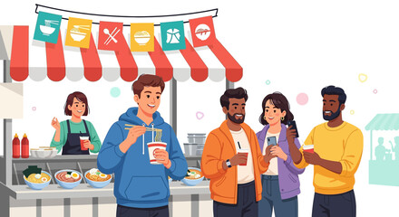 Cartoon illustration depicting people enjoying ramen at a street food stall with vibrant decorations