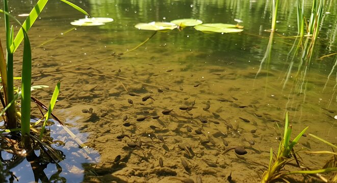Clear pond with tadpoles and aquatic plants in natural environment