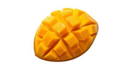 Diced mango on black. Vibrant orange fruit with cubes. Sweet, juicy, ready to eat