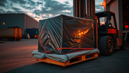 A forklift lifts a pallet with shrink-wrapped cargo at a logistics warehouse during twilight.