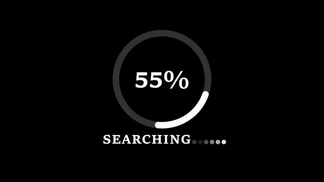 Searching progress indicator with 0 tp 100 percent completion on black background loading