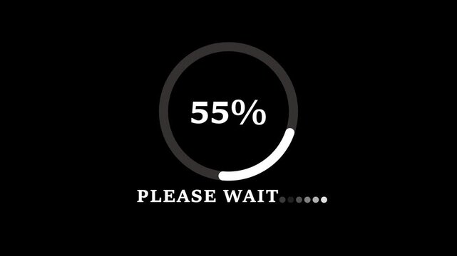 White circular progress bar showing 0 to 100 percent complete with text please wait and loading dots on black background