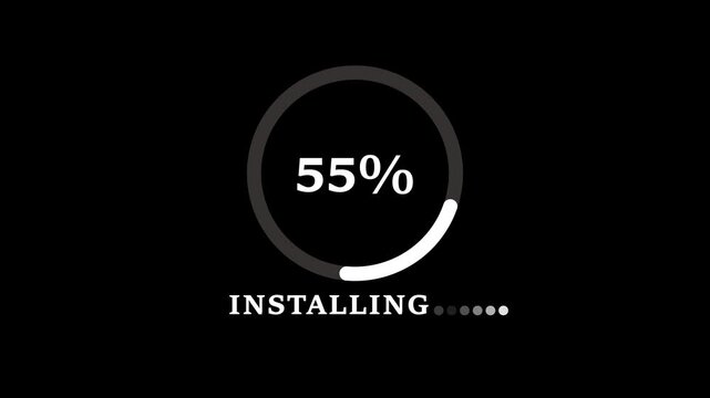 White circular progress bar showing 0 to 100 percent complete with text installing and loading dots on black background