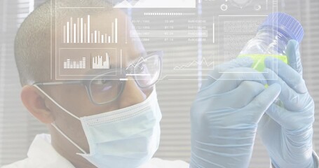 Researcher raising bottle into light activating digital graphs and rotating globe to analyse sample - Powered by Adobe