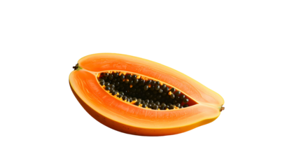 Sliced papaya fruit with black seeds, isolated on black background