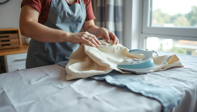 Housekeeper ironing white linen in bright room, domestic service concept.