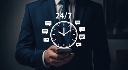 Businessman with 24/7 clock and chat bubbles on phone time communication