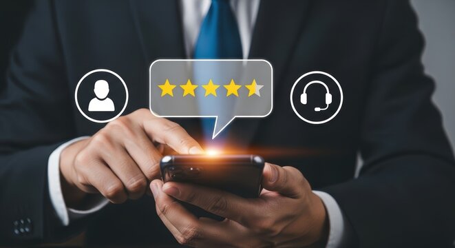 Businessman using smartphone with five star rating and icons mobile phone stars