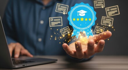 Digital certificate award graduation cap and stars image