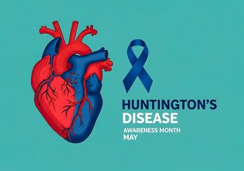 Huntingtons disease awareness month may with a blue ribbon and heart