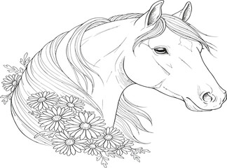 A beautiful line art illustration of a horse's head adorned with daisies and foliage.