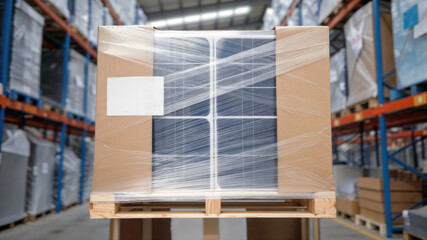 A new solar panel in shipping packaging on a pallet in a large, modern logistics warehouse.