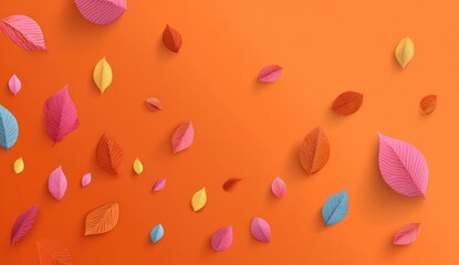 Vibrant, colorful leaves create a cheerful autumnal design on an orange background.