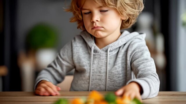 Angry boy pushes away a plate of boiled vegetables, showing refusal of food and rejection of healthy eating
