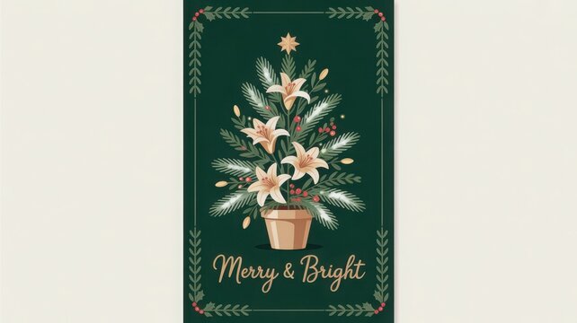 Elegant christmas tree with lilies and pine branches in a pot with merry and bright text