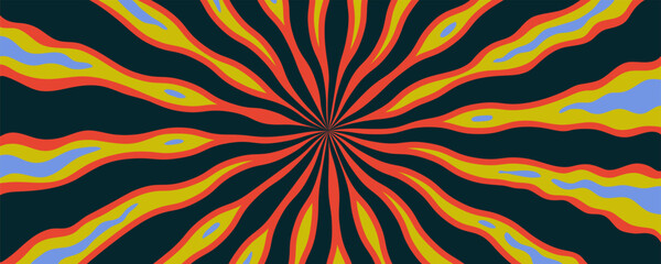 Psychedelic fire lava background with abstract red, yellow, and blue wavy rays on dark backdrop. Groovy retro pattern. Great for posters, covers, or bold fabric design