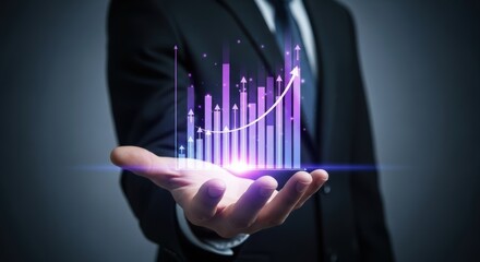 Man in suit holding glowing purple bar graph with upward trend growth finance