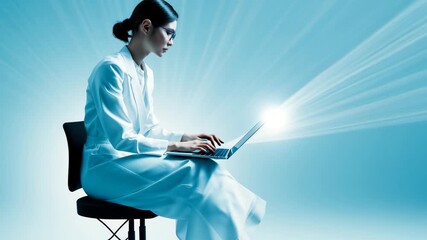 Futuristic Businesswoman Working on Laptop with Digital Light Rays Video Motion - Powered by Adobe