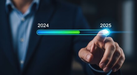 Man touching progress bar from 2024 to 2025 future technology