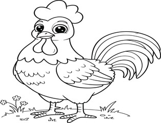 A black and white cartoon illustration of a rooster standing in grass with small flowers.