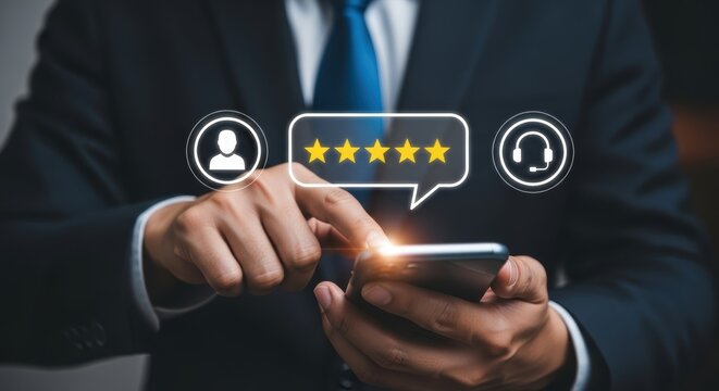 Man's hand using smartphone with five star rating and customer service icons business suit
