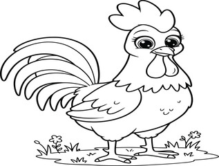 Black and white outline drawing of a cute cartoon rooster standing on grass with small flowers, ready for coloring.