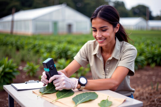 A smiling female scientist analyzes a plant leaf with a handheld sensor at an outdoor research farm.