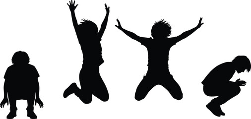 Silhouette of energetic human poses in motion, jumping, crouching, squatting, expressive body movement, black figure on white background