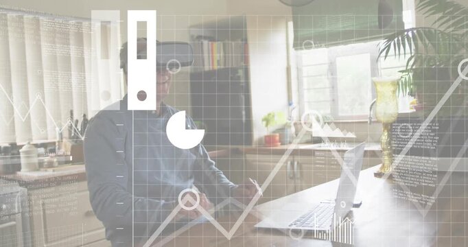 Senior man lifting VR headset revealing cloud icon and navigating tech data charts