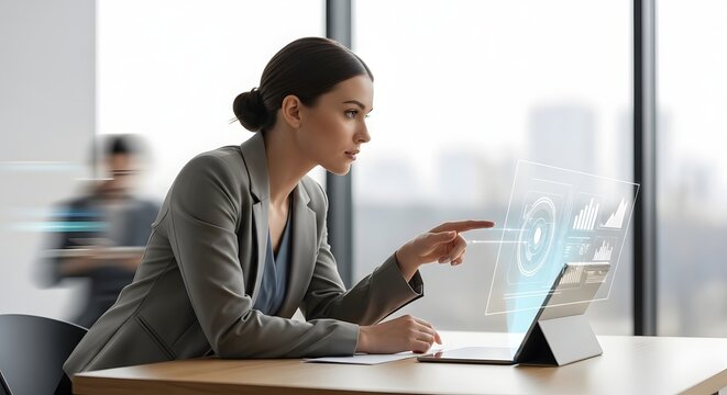 Focused Businesswoman Working on Laptop in Modern Office