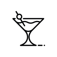 Elegant line art icon of a martini glass with a cocktail garnish and liquid