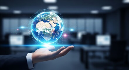 Global business is in your hand with this vibrant Earth hologram held above a professional's palm, perfect for modern technology and international marketing