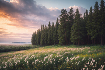 beautiful landscape of summer forest at sunset, beautiful nature