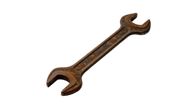 Rusted open-end wrench isolated on black background