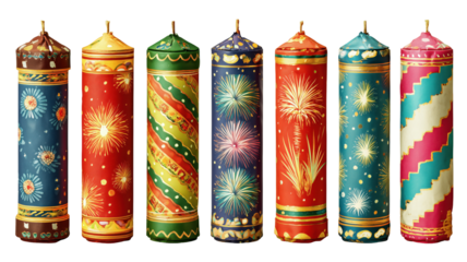 Colorful Fireworks Celebration: A festive array of vibrant, ornamented fireworks, ready to illuminate the night sky.