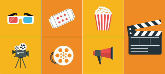 Cinema icons front view, movie elements in orange yellow grid, entertainment symbol pack, vector illustration, flat design, media production theme