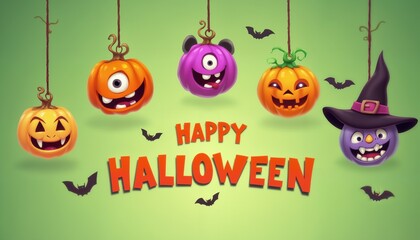 illustration of Halloween decorations with pumpkins and monster faces on a green color background
